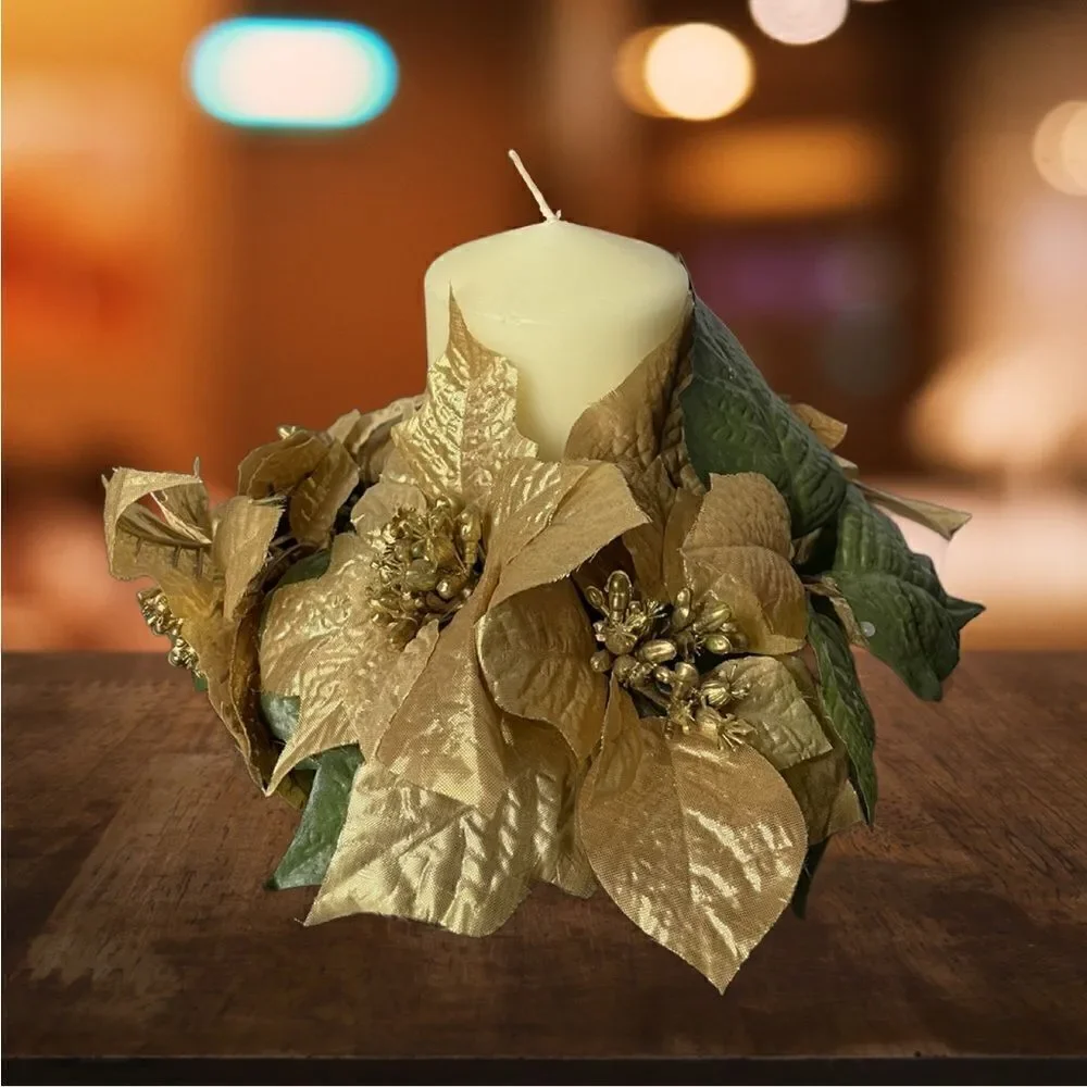 Gold Poinsettia & Green Leaf Circular Holiday Candle Holder w/Large Candle
